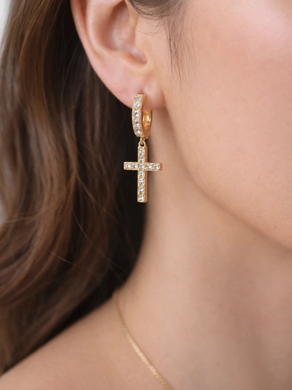 10k Yellow Gold Cross Hoop Earrings Eith 1.32CT Lab Grown Diamonds